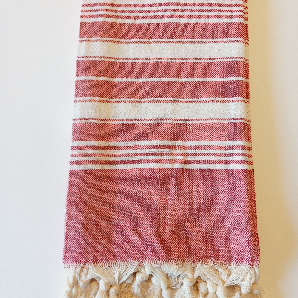 Turkish Cotton Peshtemal Towel Red White Braid Design Bath Beach Decor Blanket